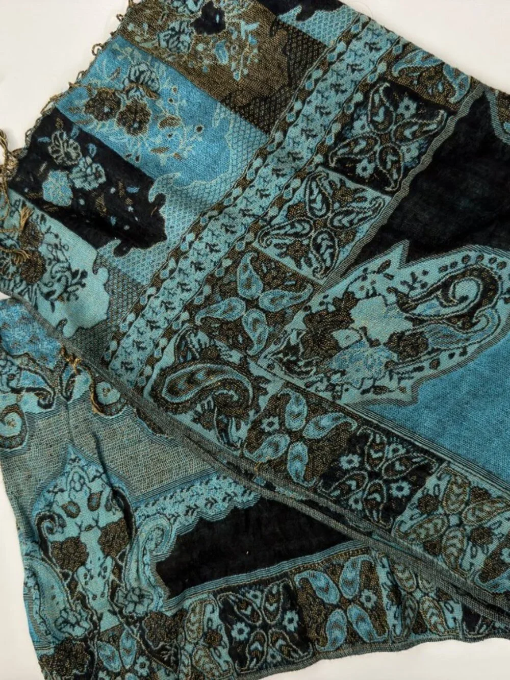 Blue & Black Paisley Fringe Scarf Wrap